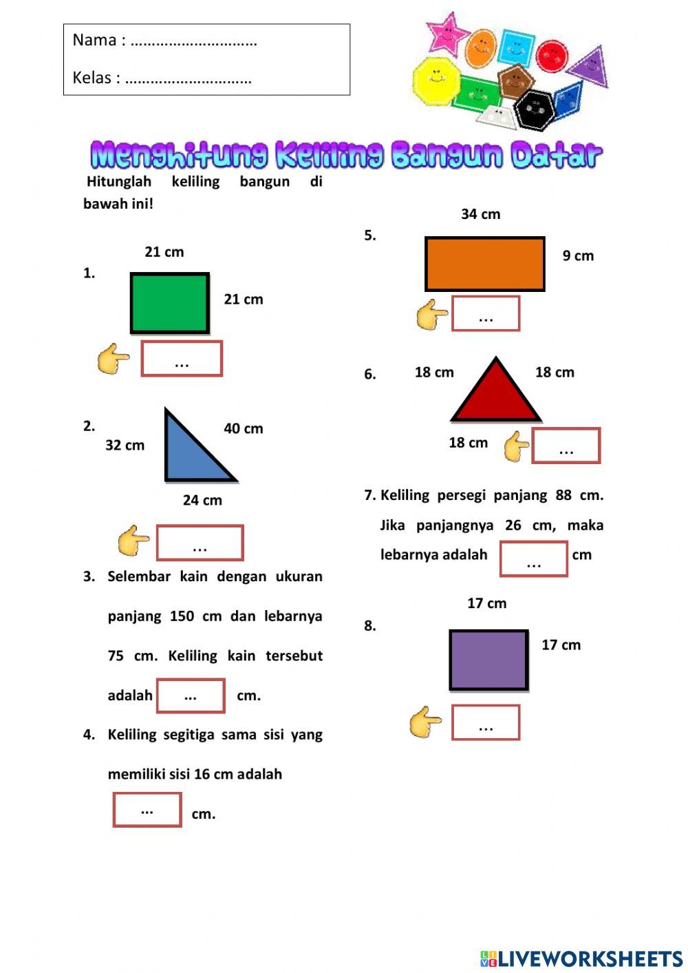 Mathclub Kelas 3 Keliling BAngun Datar worksheet Math exercises Math
