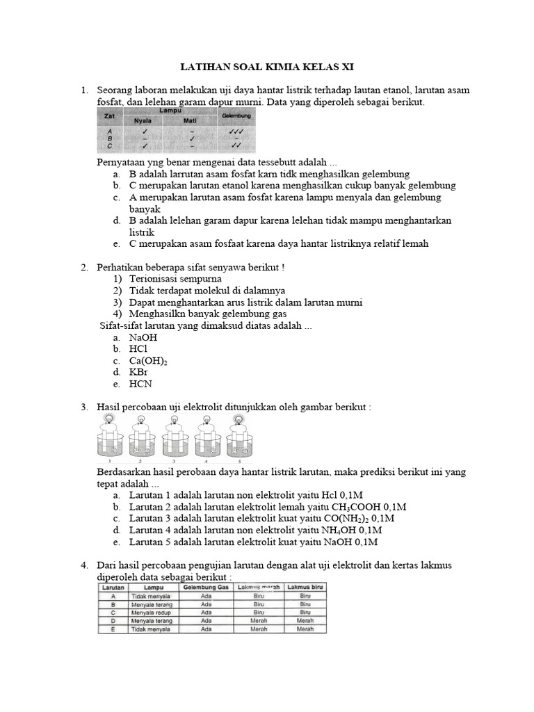 Latihan Soal Kimia Kelas XI tentang Elektrolit PDF