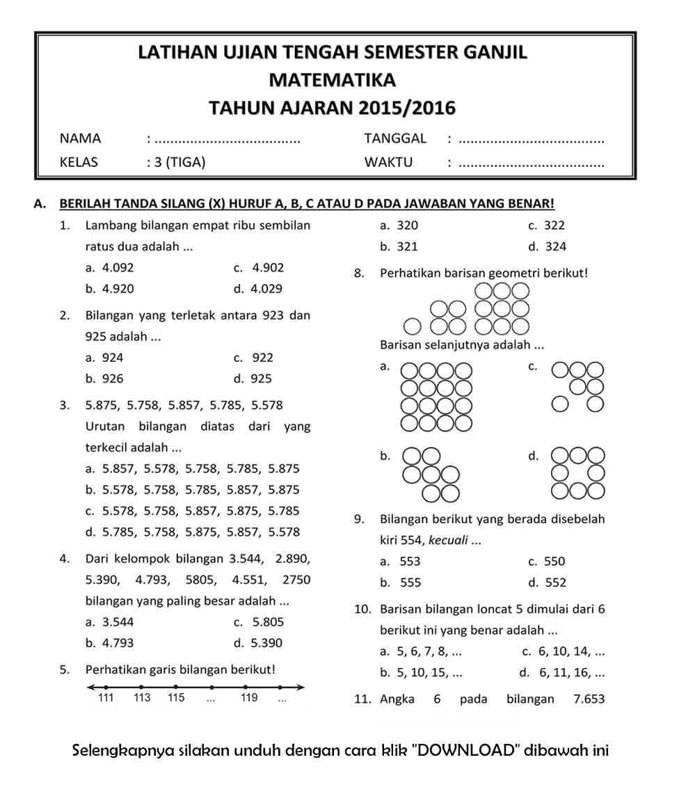 contoh soal uts matematika kelas 3
