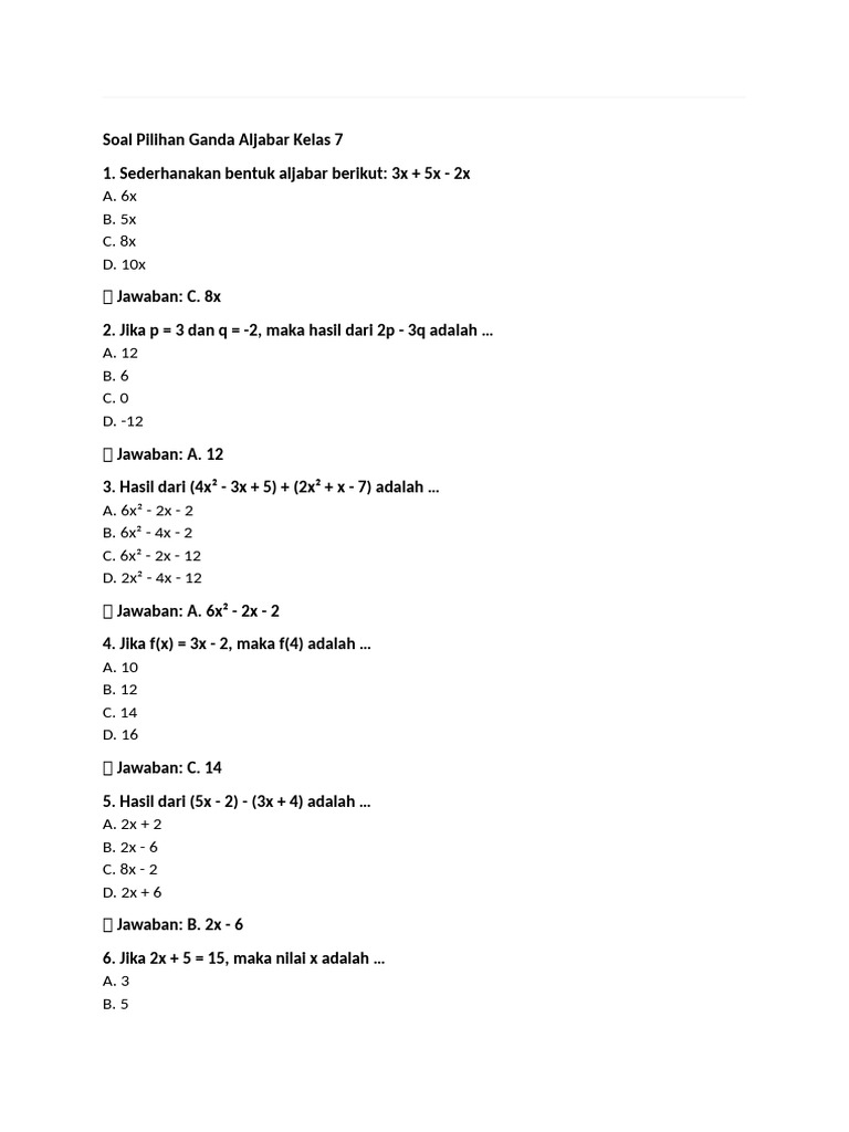 Soal Aljabar Kelas 7 Pilihan Ganda PDF Soal Aljabar Kelas 7 Pilihan Ganda PDF