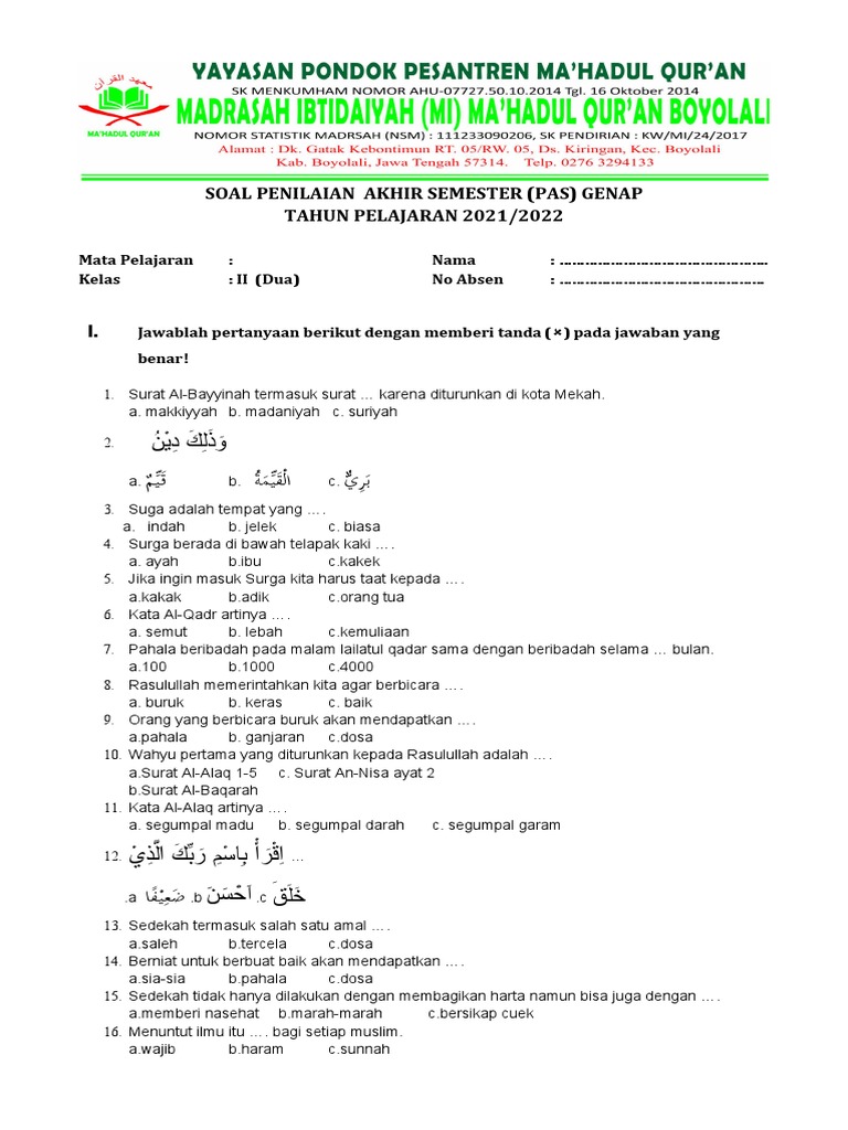 5 Contoh Soal Alquran Hadits Kelas 1 Semester 1 yang Wajib Dikuasai Anak Sebelum Ujian 5 Contoh Soal Alquran Hadits Kelas 1 Semester 1 yang Wajib Dikuasai Anak Sebelum Ujian
