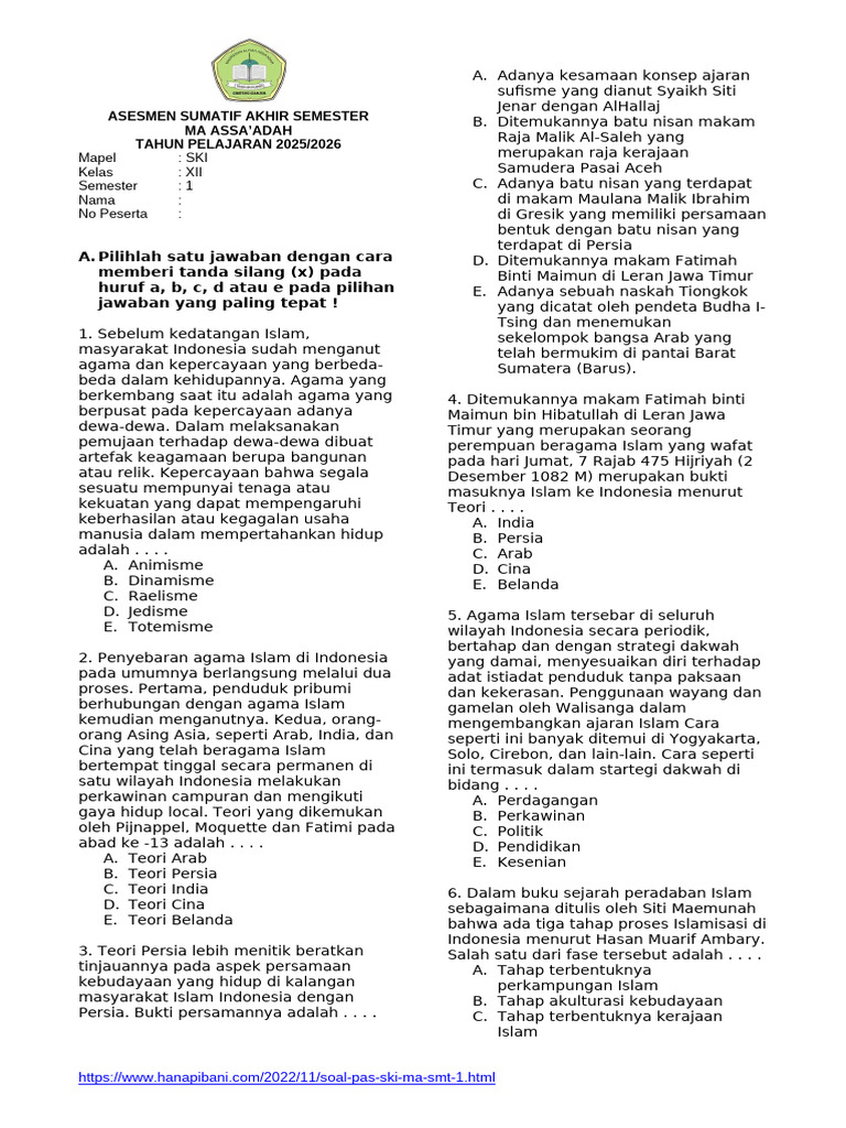 Soal SKI Kelas XII Semester 1 PDF Soal SKI Kelas XII Semester 1 PDF