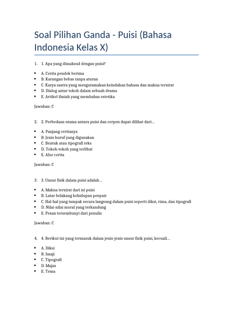 10 Contoh Soal Pilgan Puisi Kelas 10 Semester 2 PDF yang Sering Muncul di Ujian 2026