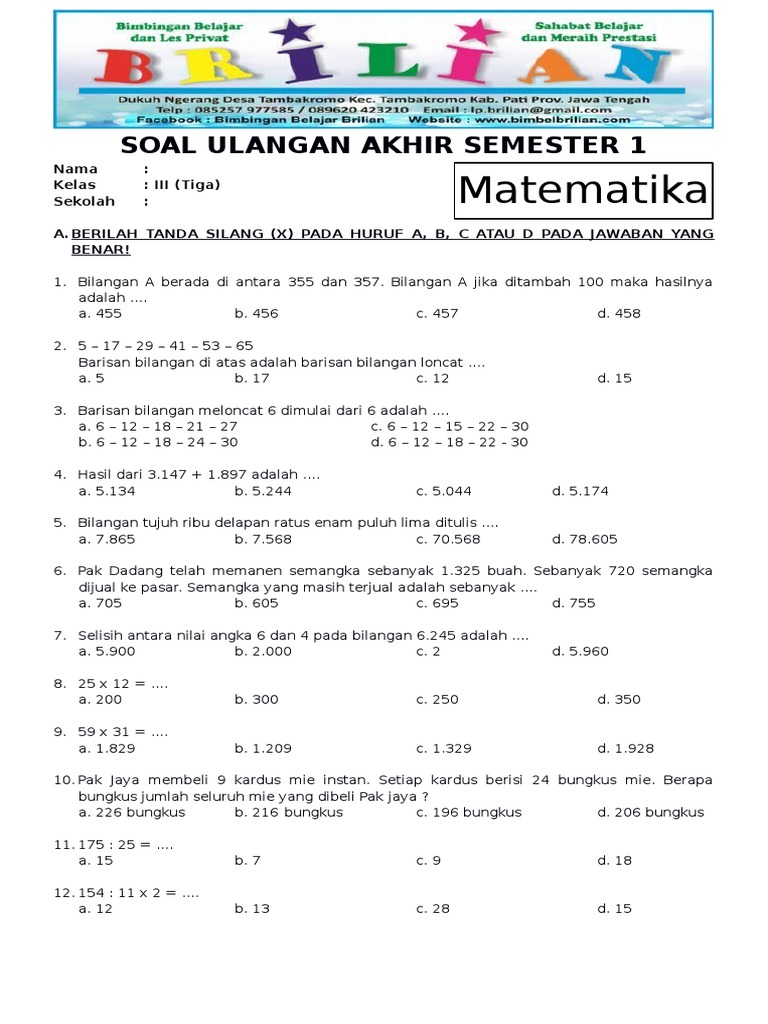 15 Soal Matematika Kelas 3 SD Semester 1 Beserta Kunci Jawaban yang Wajib Dikuasai Sebelum Ujian