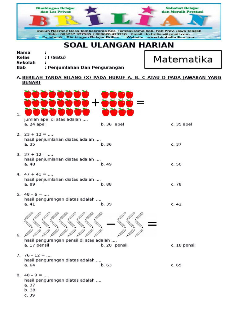 Soal Matematika Kelas 1 SD Bab 6 Penjumlahan Dan Pengurangan Dan Kunci