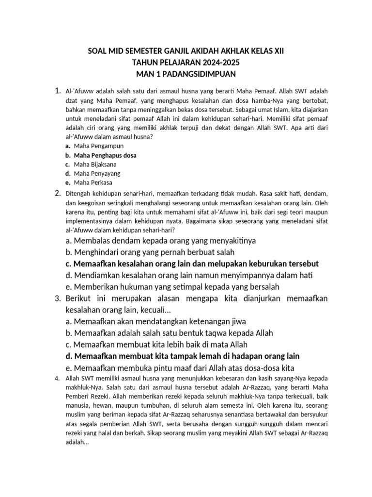 Soal Akidah Akhlak Kelas 12 Semester 1 PDF