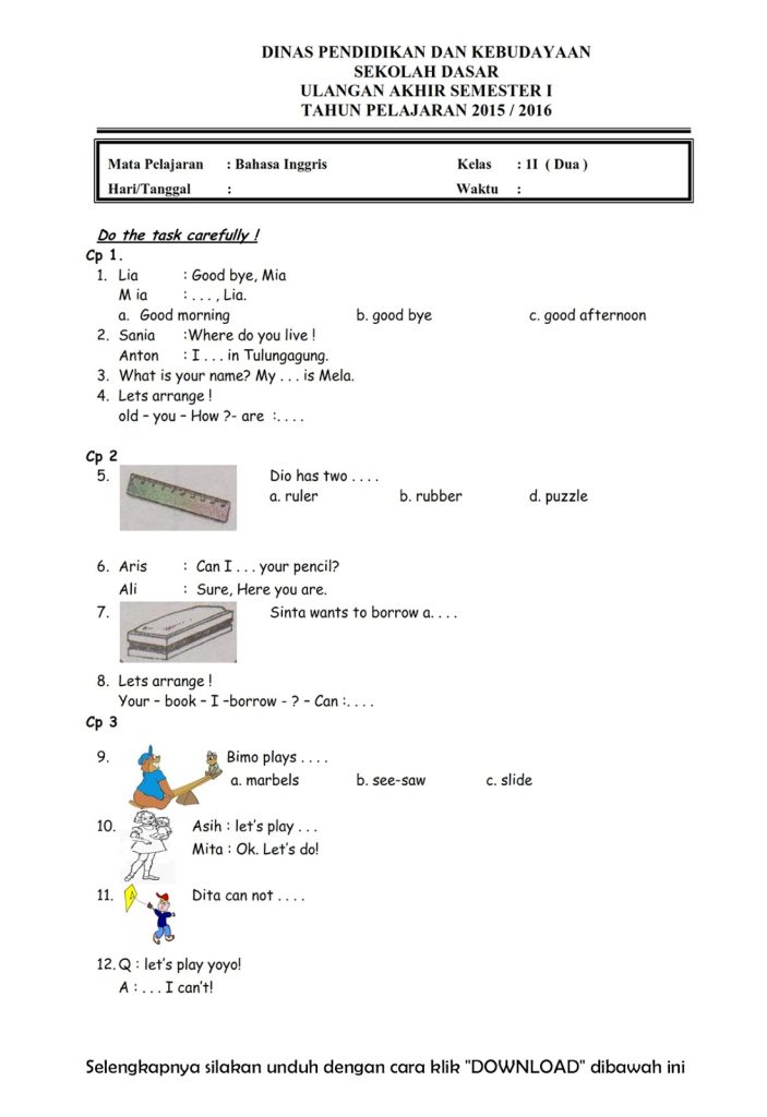 soal soal pas kelas 2 semester 1