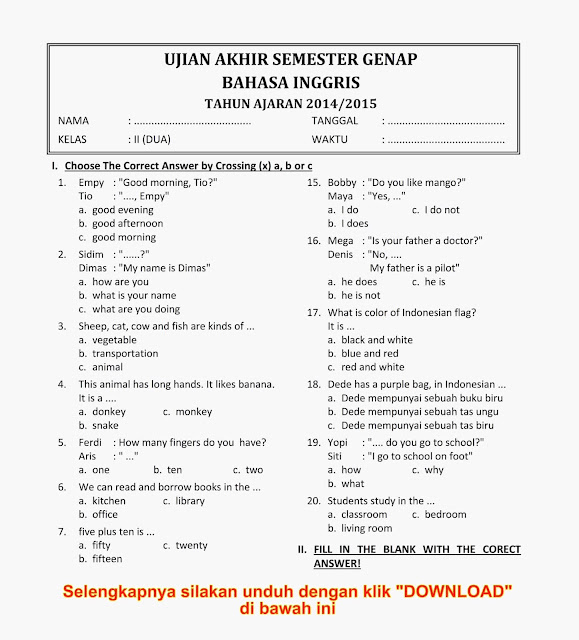 Latihan Soal Bahasa Inggris Kelas 1 SD Semester 2 dan Kunci Jawaban Terlengkap