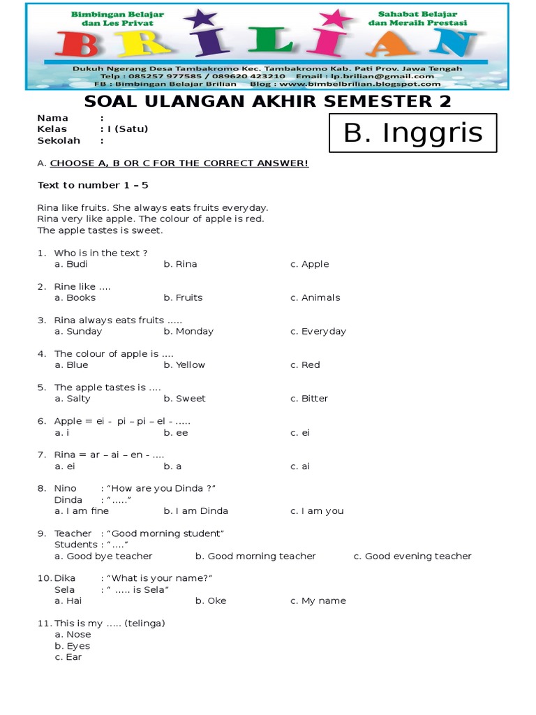 Wajib Tahu 5 Contoh Soal Bahasa Inggris Kelas 1 K13 Semester 2 Agar Anak Makin Pintar