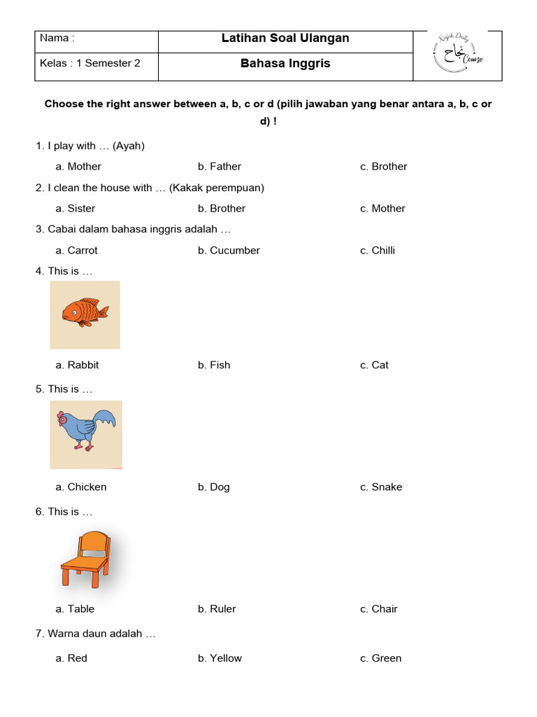 Wajib Tahu Koleksi Soal Bahasa Inggris Kelas 1 SD Semester 2 K13 PDF Terlengkap